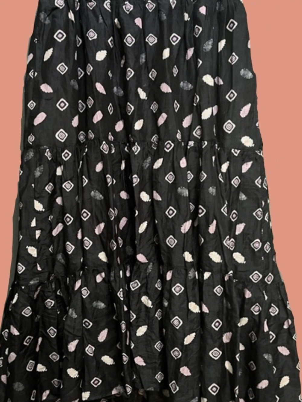 XiRENA Black Tiered Maxi Skirt with Pink & White Motif - Size Small